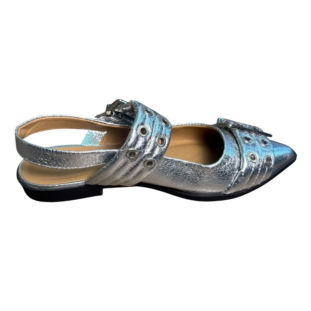 Womens Y2K Chunky Buckle Ballet Flats Size 8 Ballerina Slingback Metallic Silver